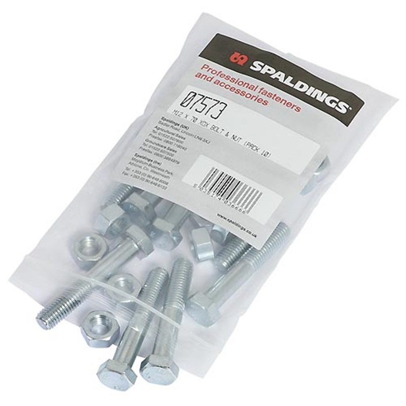 M12 x 70 Plated High Tensile Bolt & Nut (Pk 10)