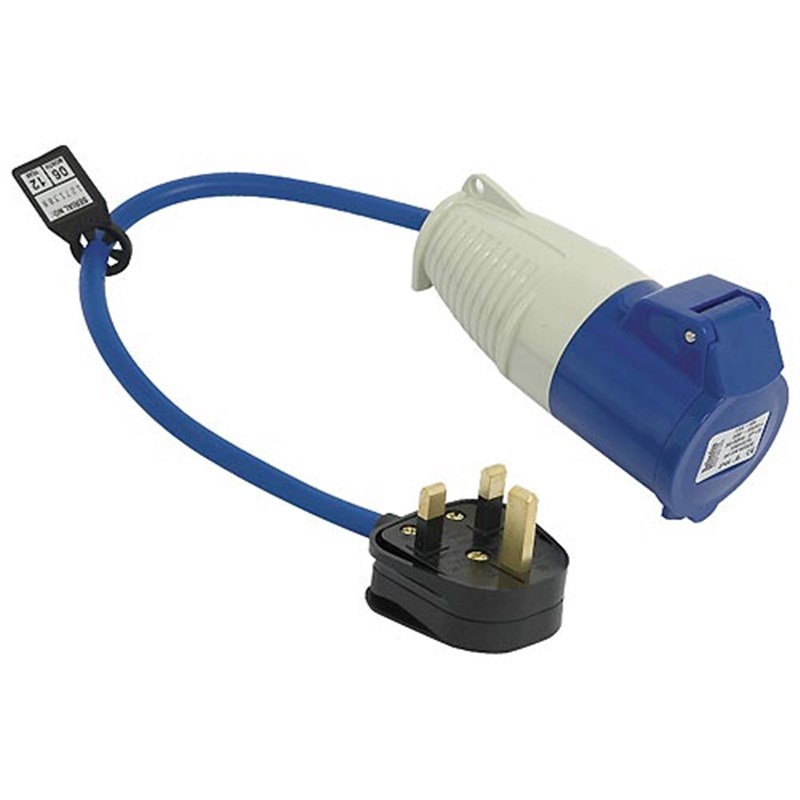 Standard 13 amp Plug to 3 pin 230 volt, 16 amp, Female Inline Socket c/w fly lead (max. load 13 amps).