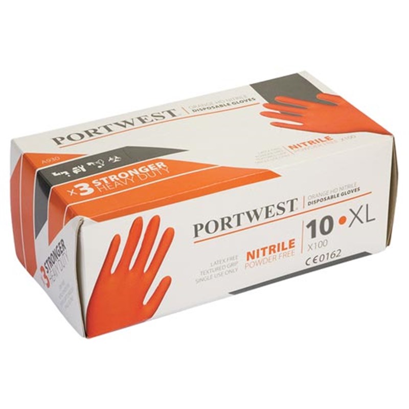 Disposable HD Orange Nitrile Gloves, Size 10 (X Large), Pk 100