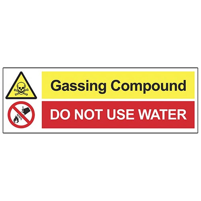 Gassing Compound Sign (solid plastic) 300mm x 100mm x 1mm.