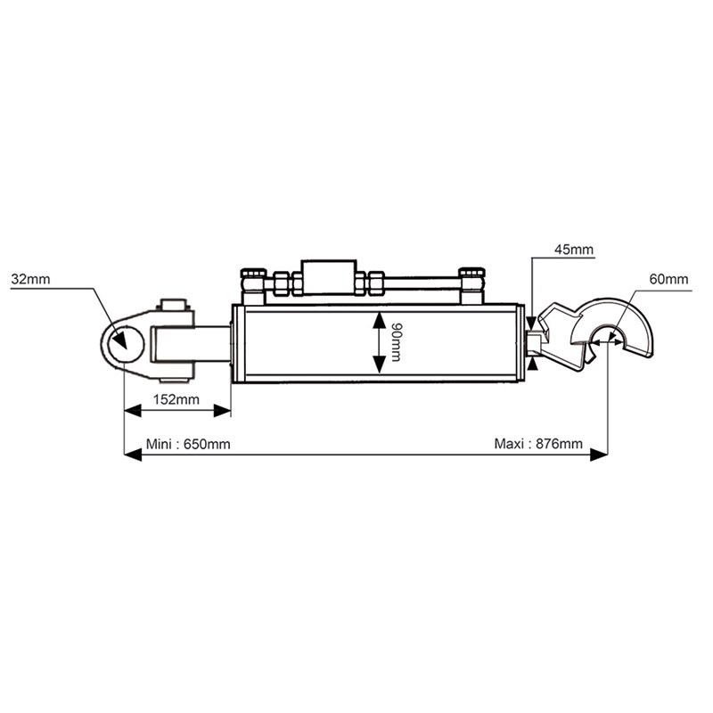 Hydraulic Top Link, Cat. 3 Q/R CBM Hook/Cat. 3 32mmØ Knuckle, 650-876mm, Supplied c/w Non-return Valve & 800mm Hose Set